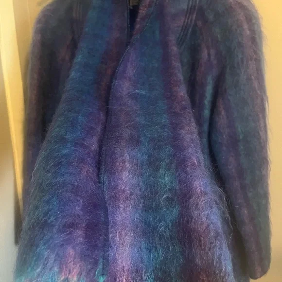 Fashion Gallery Blue Purple Mohair Wool Plaid Longline Coat M - Picture 12 of 14